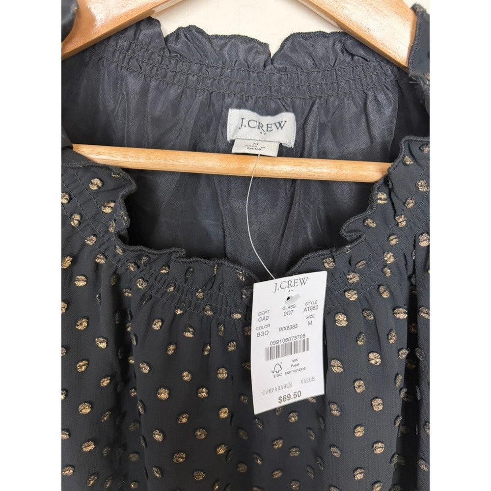 J.Crew Womens Black Gold Metallic Polka Dot Ruffle Neck Blouse Size M NWT - Picture 3 of 4